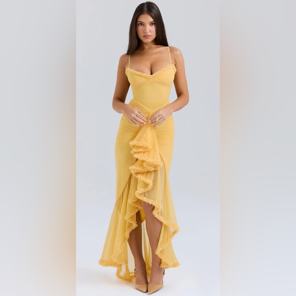 Yellow Asymmetrical Ruffled Cocktail Dress